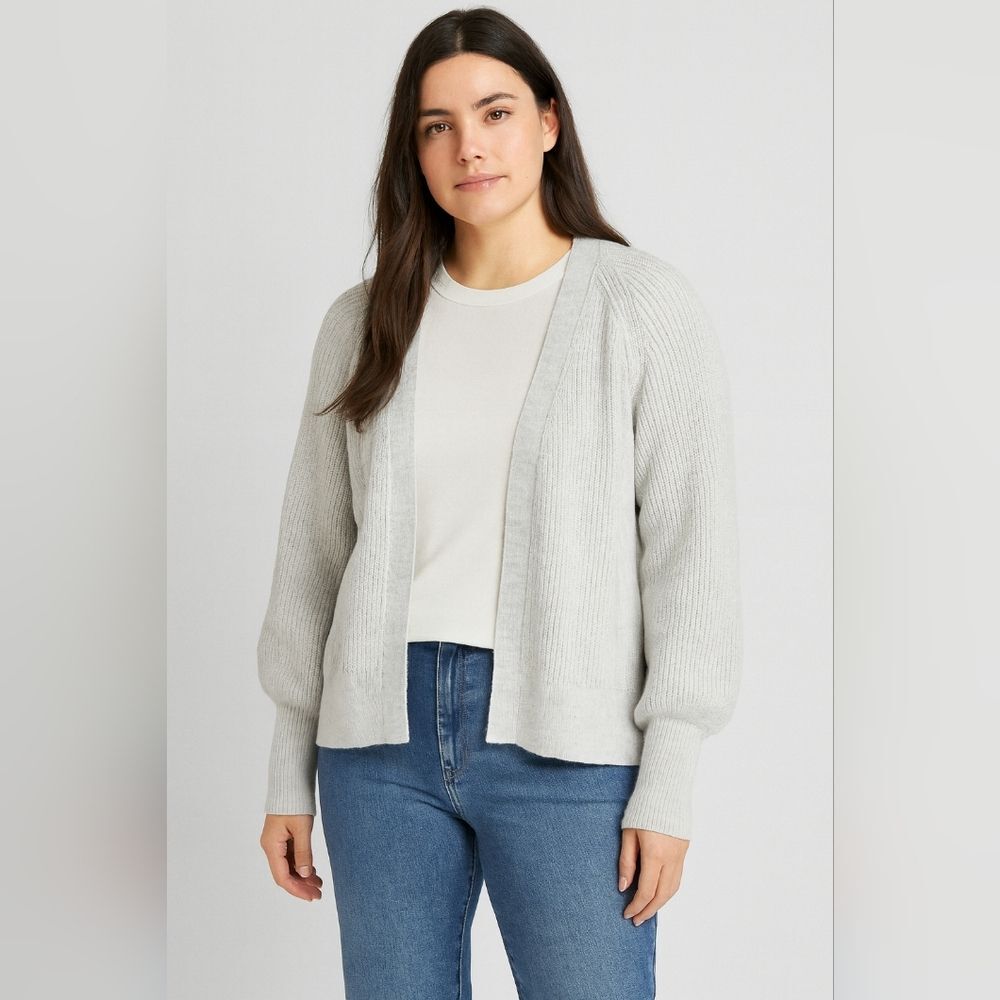 Gap Gray Open-Front Balloon Sleeve Cardigan Sweater Cotton Knit Rib Size L Tall